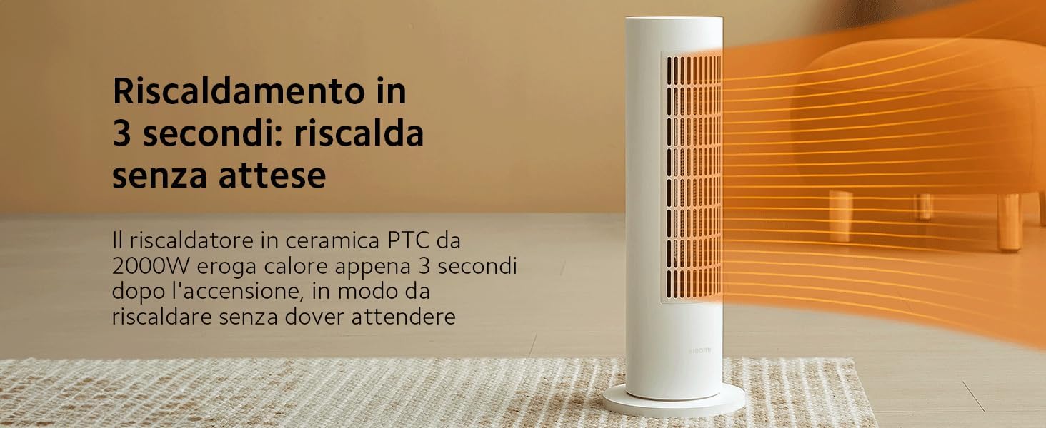 Xiaomi Smart Tower Heater Lite que il·lustra un escalfament ràpid de 3 segons.