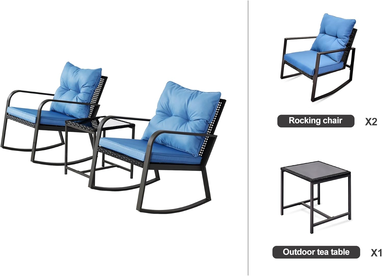 3 Pieces Patio Bistro Sets, Outdoor Furniture 3 Piece Conversation Bistro Set Rocking Chairs and Table, Blue Cushion for Yard Garden Poolside