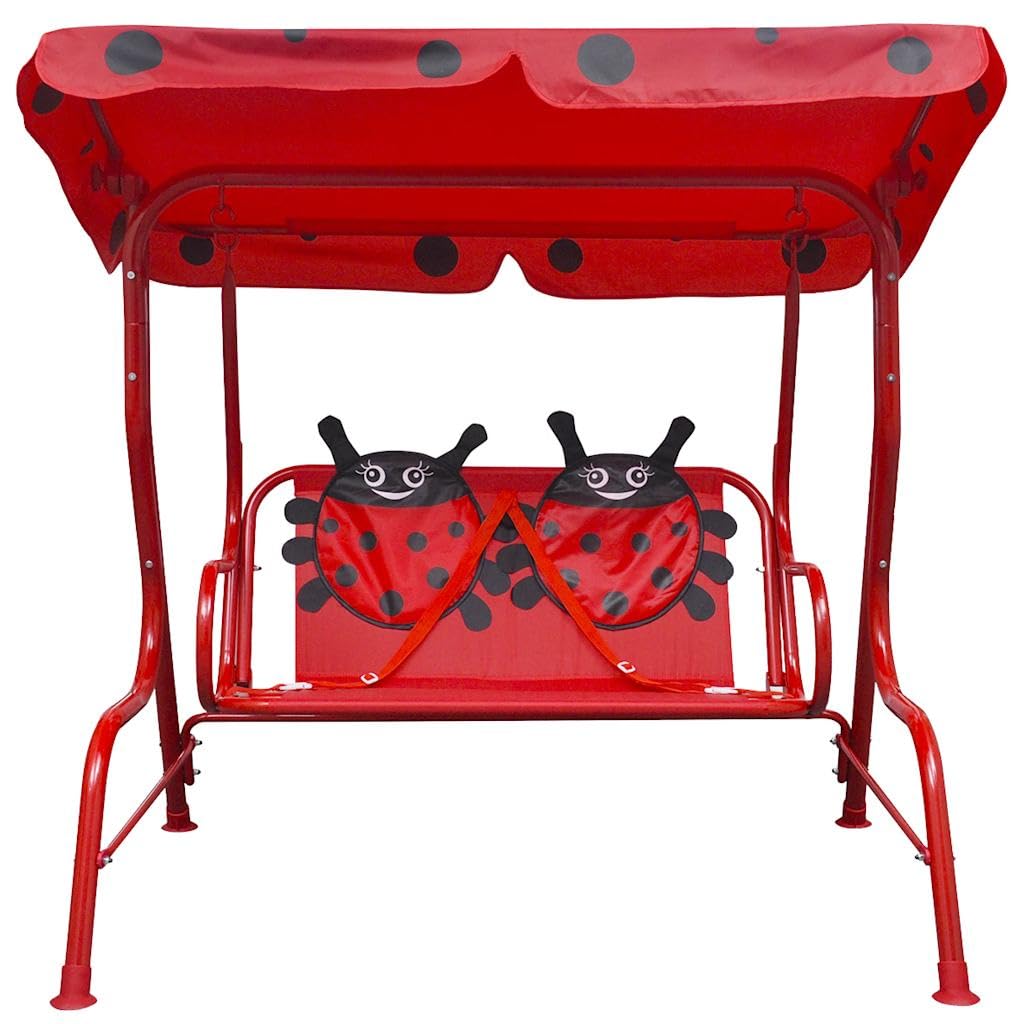 Columpio infantil de madera roja con toldo, marco de acero resistente, 115 x 75 x 110 cm, columpio de jardín para balcón, terraza, jardín, resistente a la intemperie, para relajación y uso al