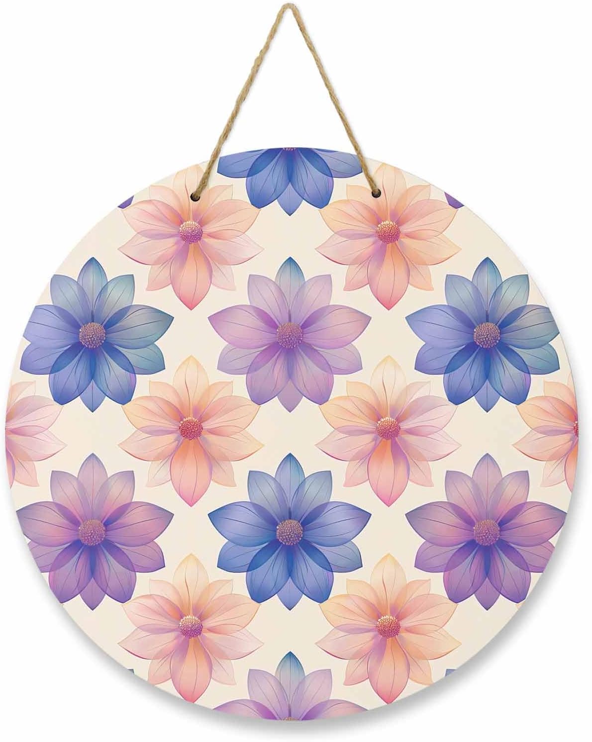 10 Inch Round Wooden Wall Decor Pink Blue Purple Flowers Symmetry Floral Wall Hanging Decor for Front Door Bedroom Indoor Outdoor Kitchen