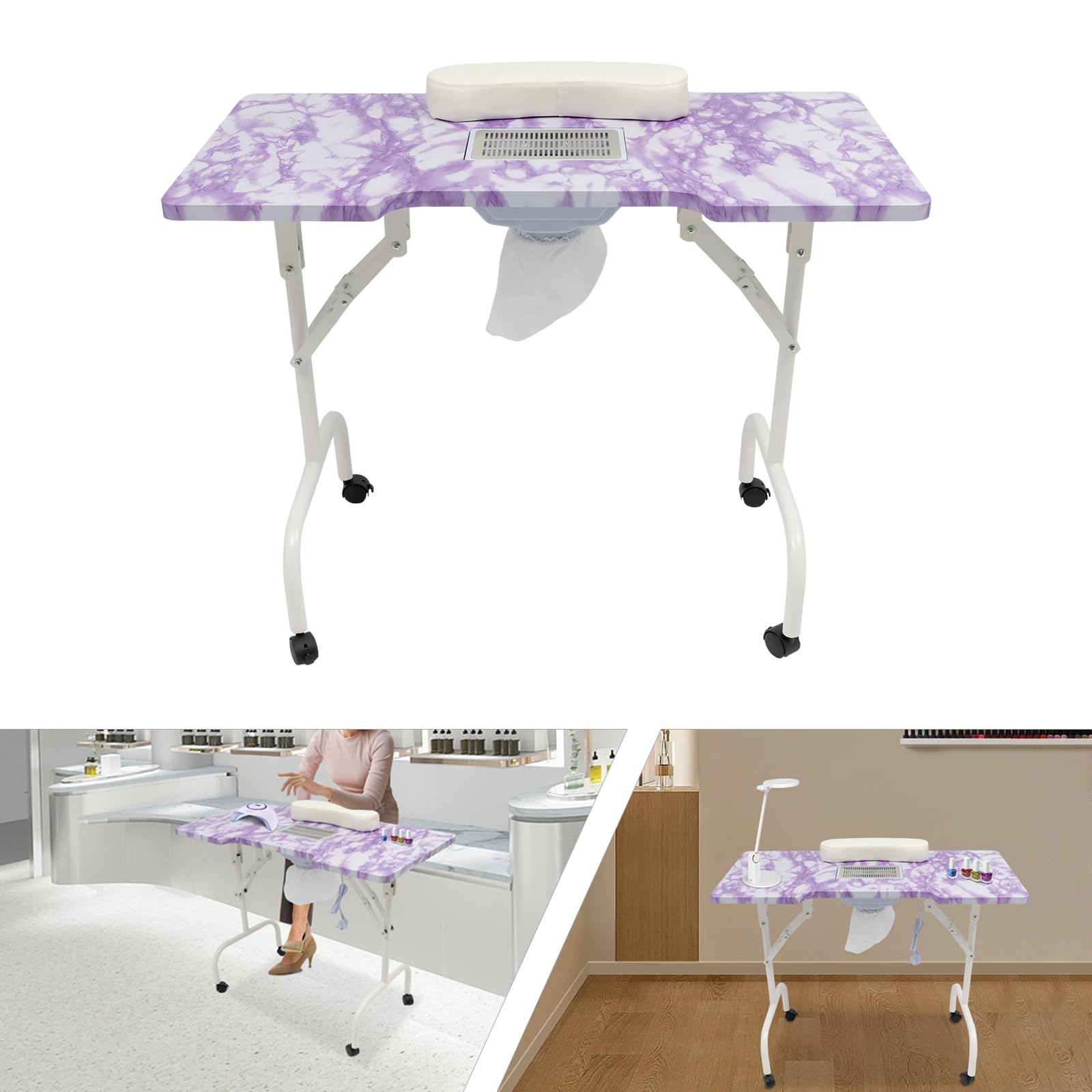 Tavolo pieghevole per manicure con ruote, tavolo per unghie portatile con aspirazione della polvere, tavolo per manicure, adatto per casa, studio, parrucchiere, ufficio, salone di unghie, ecc.