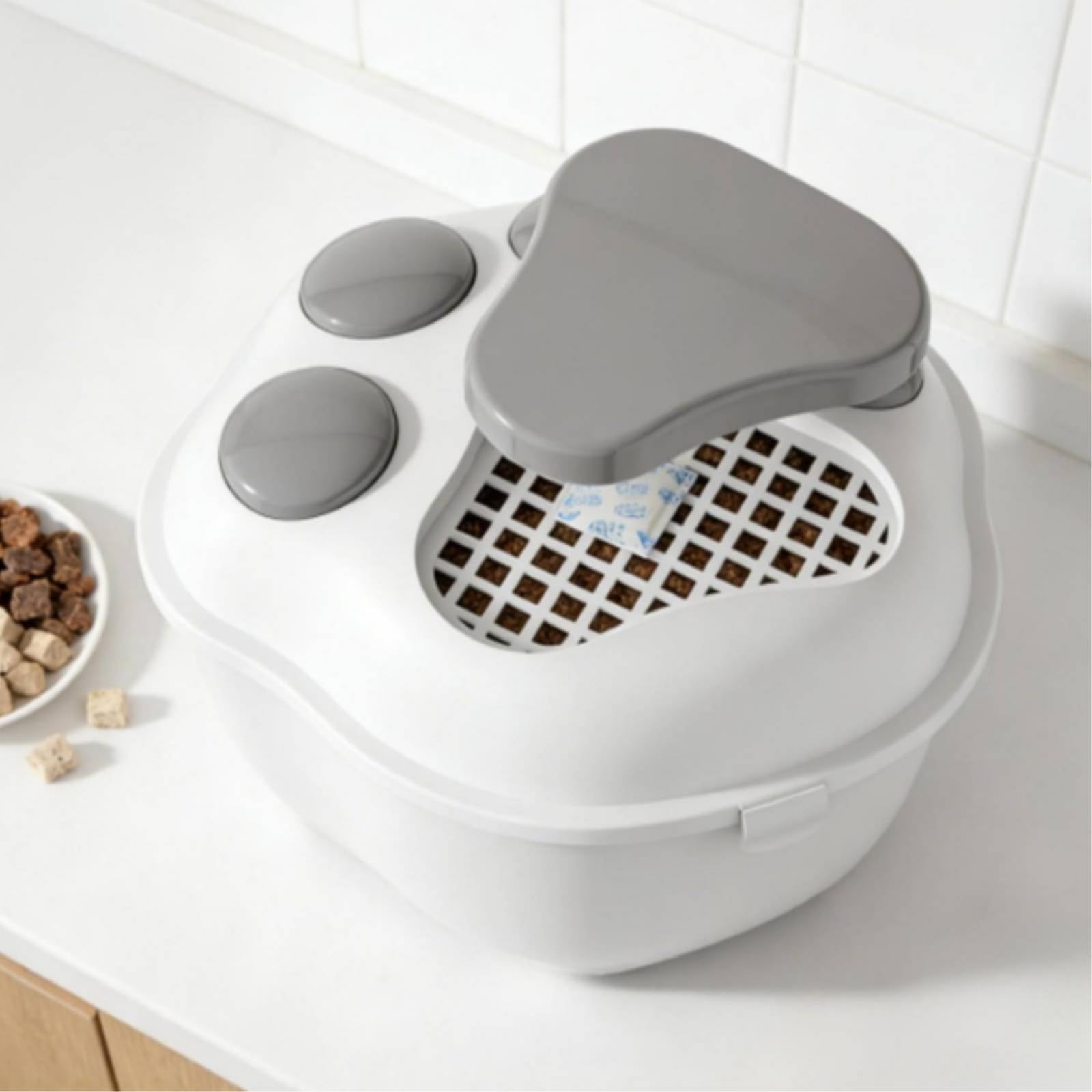 Caja para Guardar Croquetas con Tapa Elevada Patrón Pata y Cierre Seguro con Compartimento Antihumedad Integrado Incluye para Porciones Acuado para Uso Diario en Cocina y,
