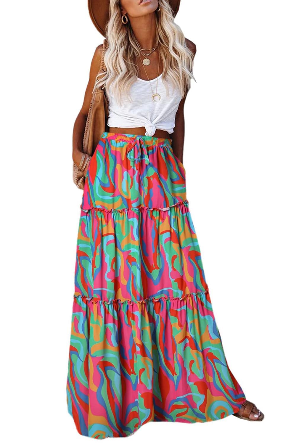 Punude Women's 2026 Summer Skirt High Waist Flowy A Line Boho Skirt Maxi Skirt with Pockets