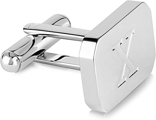 Miniatura 2 de 18K White-Gold Plated Initial Engraved Stainless Steel Mens Cufflinks With Gift Box -Personalized Alphabet Letters A-Z By Lux & Pair