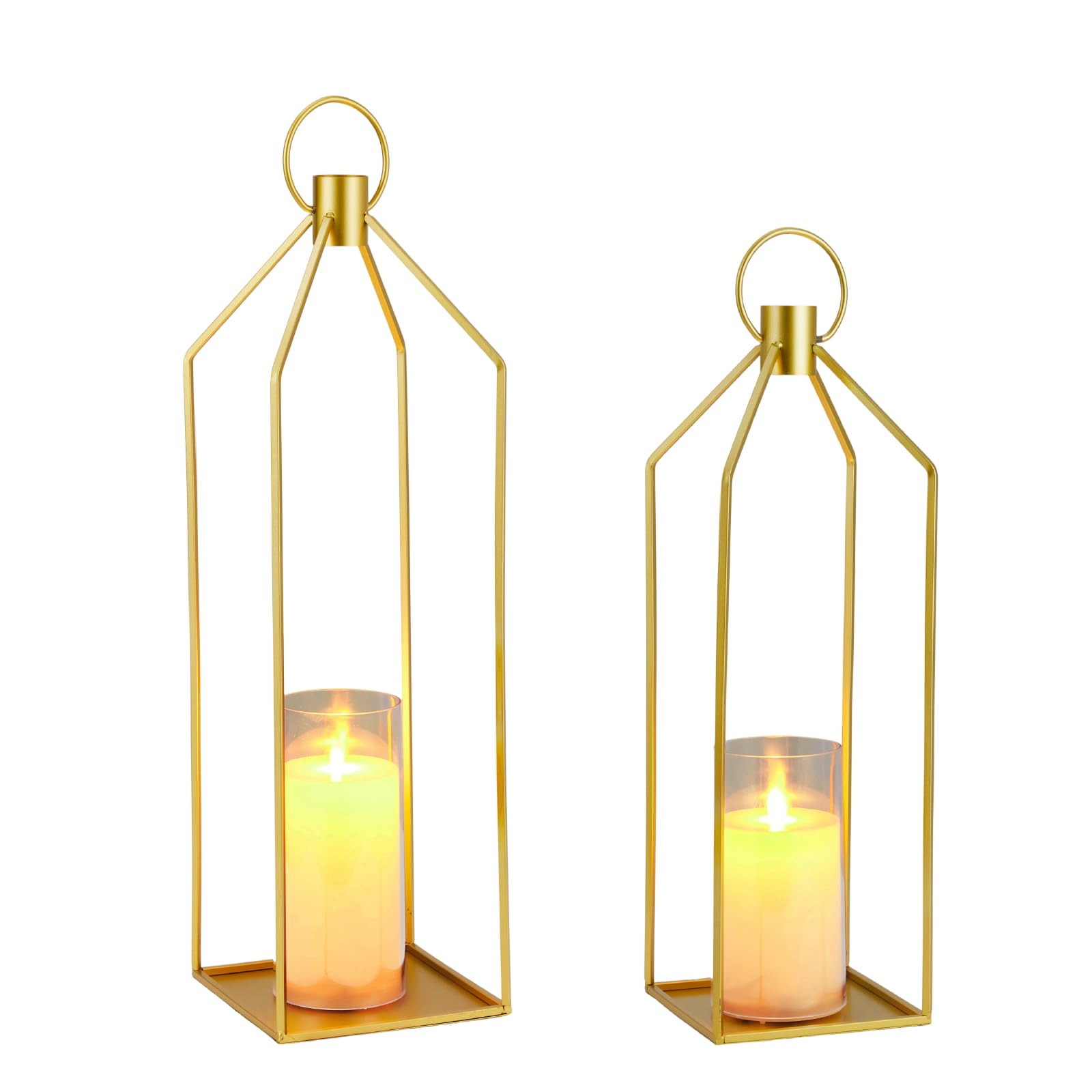 GarveeHome Modern LED Candle Lantern Set, 2 Gold (19 in+22 in) Metal Decorative Holders with Flickering Flameless Candles, Remote & 6H Timer, Indoor Outdoor Centerpiece for Home, Fireplace