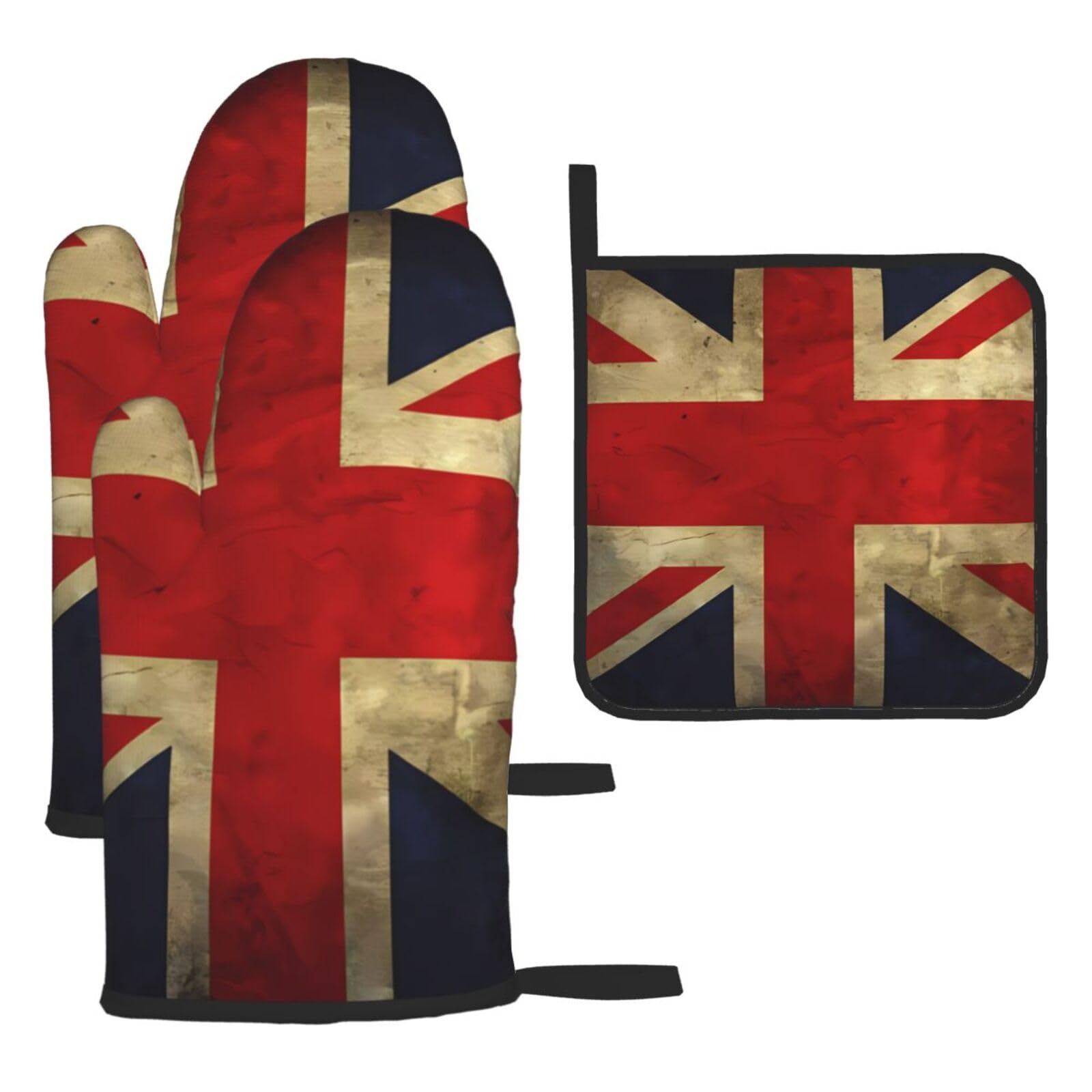 3 Piece Oven Mitts and Pot Holders Set Heat Resistant Oven Gloves and Potholders BBQ Gloves Hot Pads British Flag Cooking Gloves for Kitchen Baking Grilling
