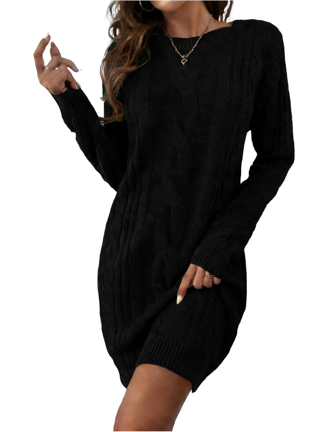 ZAFUL Womens Solid Knit Cable Sweater Casual Long Lantern Sleeve Pullover Crew Neck Knitted Tops