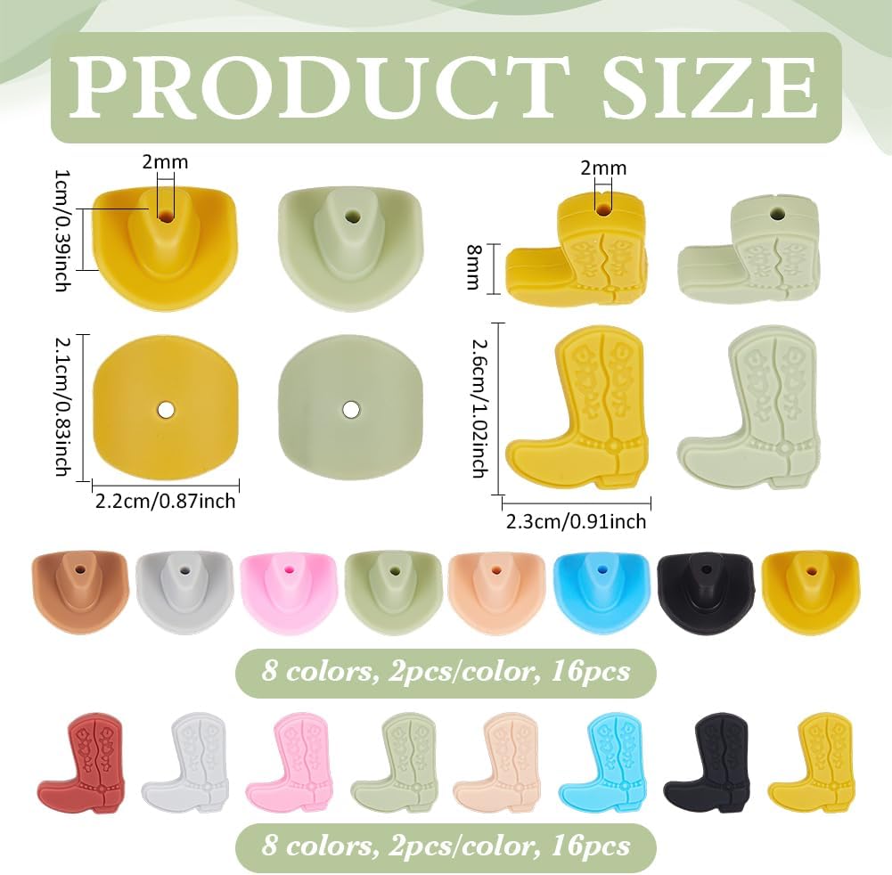 PH PandaHall 8 Colors Silicone Western Cowboy Beads 32pcs Cowboy Boot Hat Beads 3D Cowboys Hat Focal Bead Colorful Rubber Boot Bead for Jewelry Making Bracelet Necklace Earring Keychain Party Decor image 2