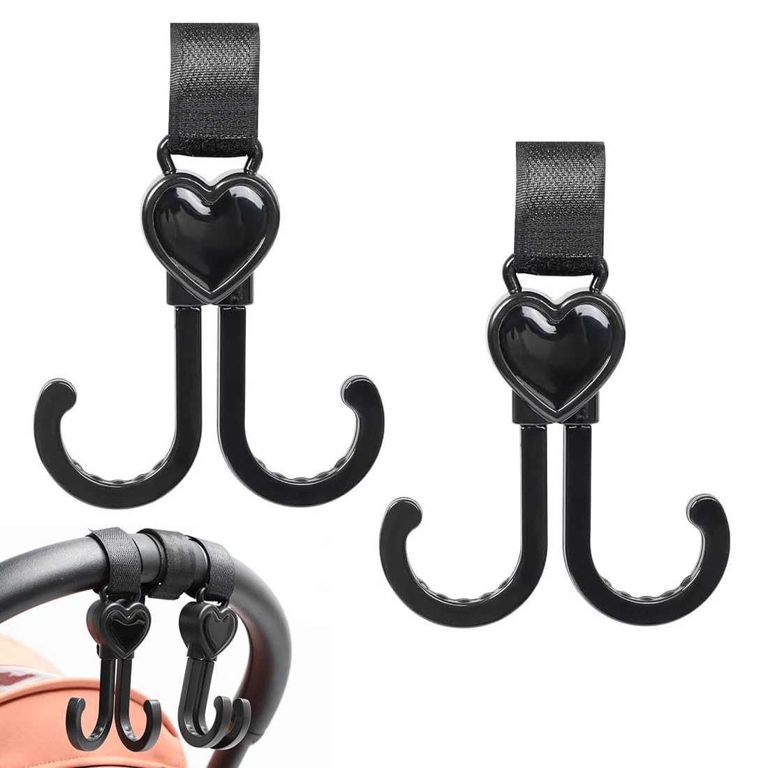 Gancio per Passeggino,a Forma di Cuore,con Chiusura in Velcro,per Borsa Fasciatoio,Borse,Borse Sospese,Zaini,Portafogli,Vestibilità Universale,Ganci Passeggino (1 Confezione)