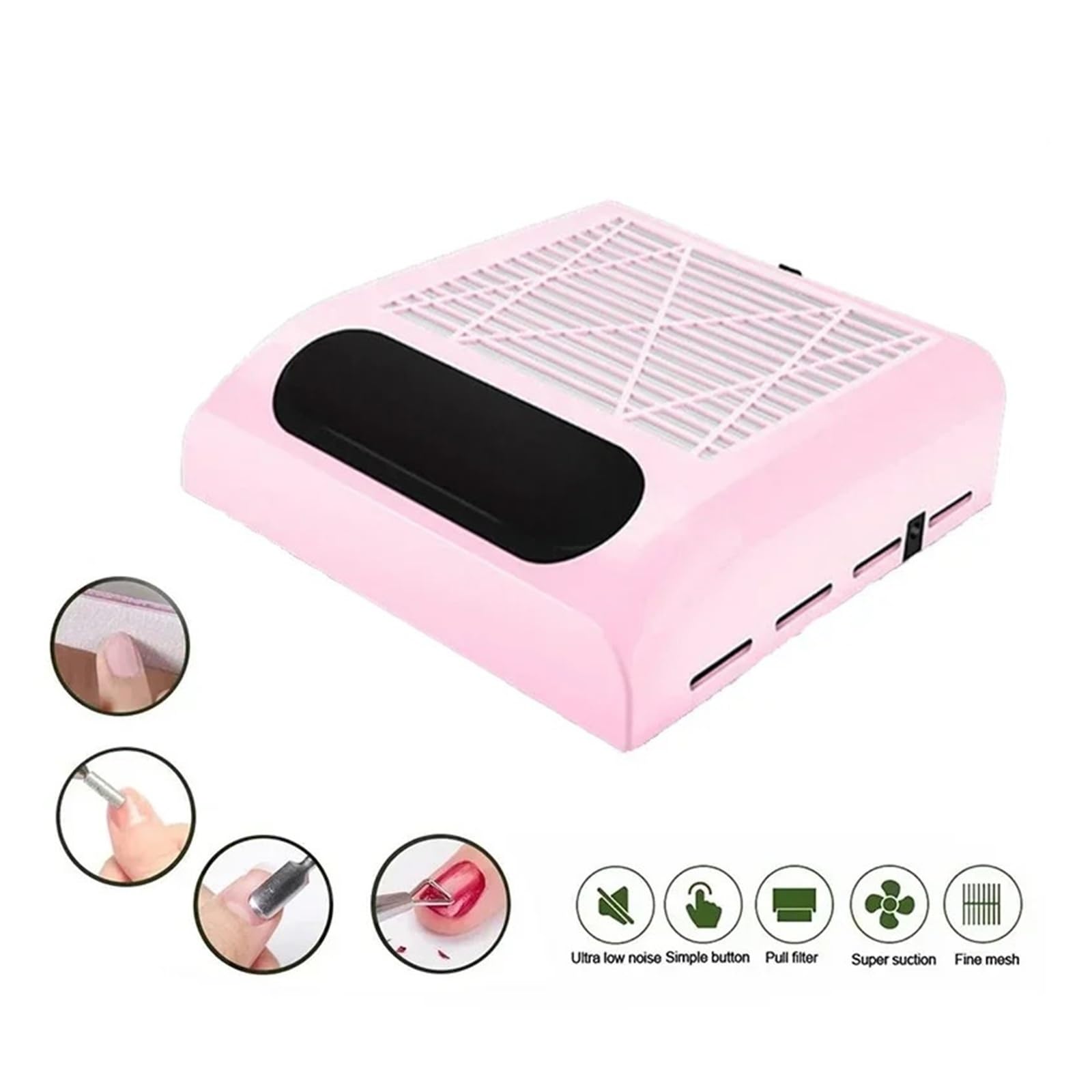 Aspirador Uñas, Aspirador silencioso de alta potencia for manicura, material profesional, reductor de polvo de uñas, filtros y equipo.(Pink)