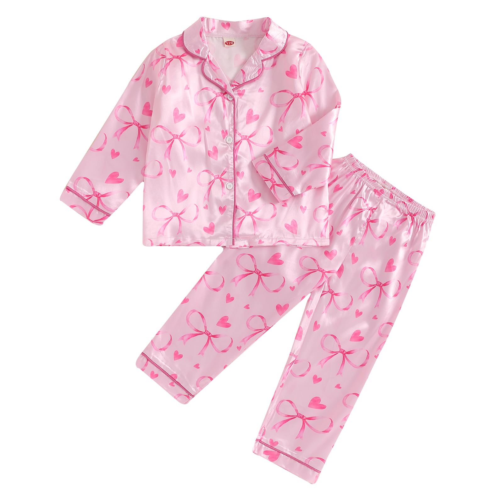 MAINESAKA Toddler Baby Girl Satin Pajama Set Valentines Day Silk Pjs Button Down Shirt And Pants Bow Pajamas 2Pcs Sleepwear (J-Pink, 3-4 Years)