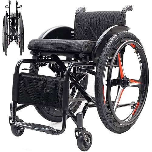 Foldable Self Propelled All-Terrain Transport Sports Wheelchair, Aluminium Wheelchair, Outdoor and Indoor for Elderly and Disabled(Size:Seat Width 42cm) (Black)