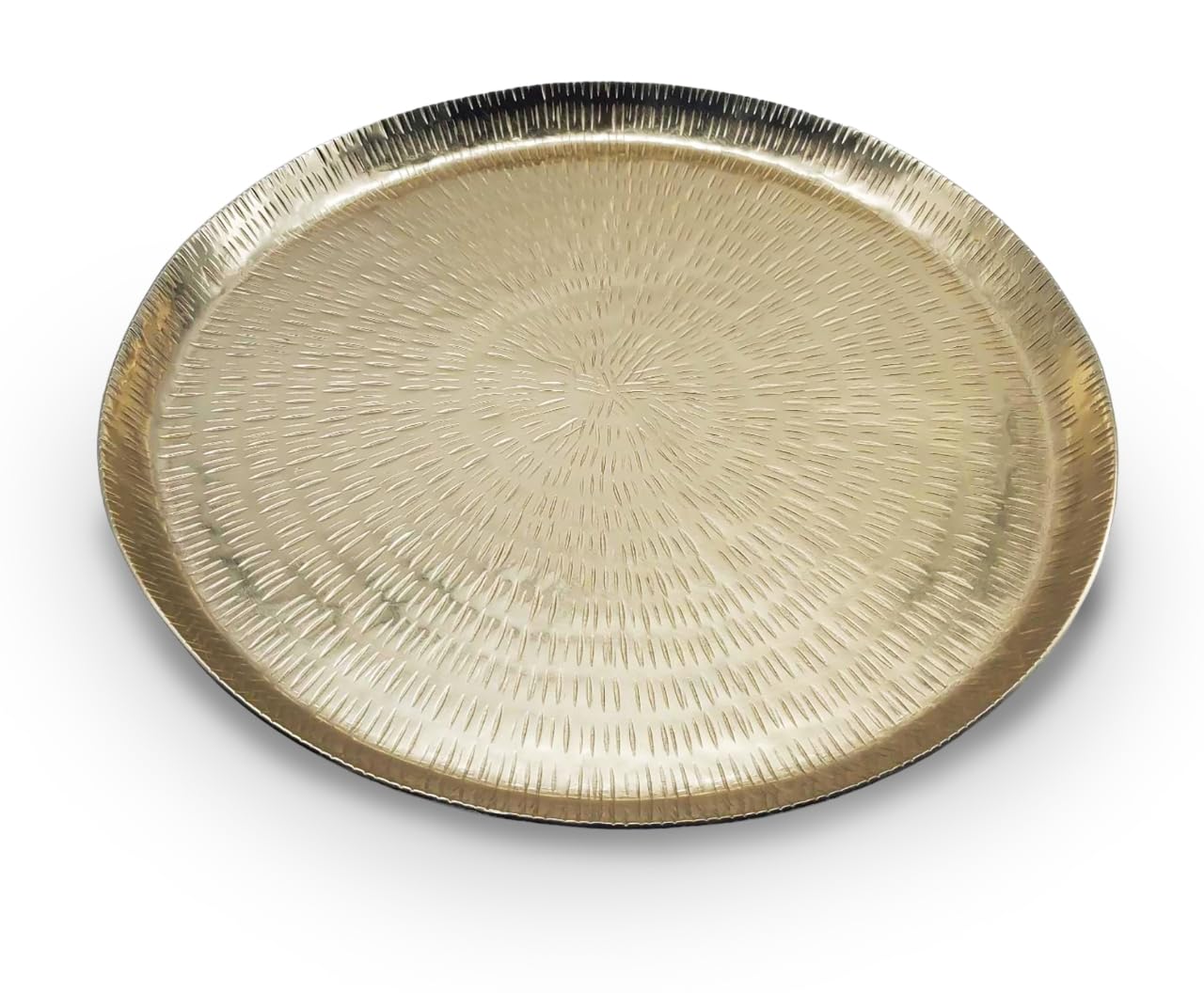 Bandeja circular de latón martillado con borde elevado, plato redondo grande de color dorado y bandeja decorativa para cocina o decoración del hogar