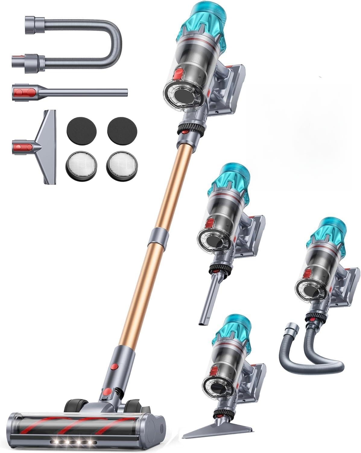 Fieety 550 W/45 KPa/60 min Battery Vacuum Cleaner, 8-in-1 Cordless Vacuum Cleaner with Wall-Mounted Charging Station, 1 m Extendable Hose, Sofa Brush, Touch Screen, 1.5 L, for Pet Hair/Carpets/Hard
