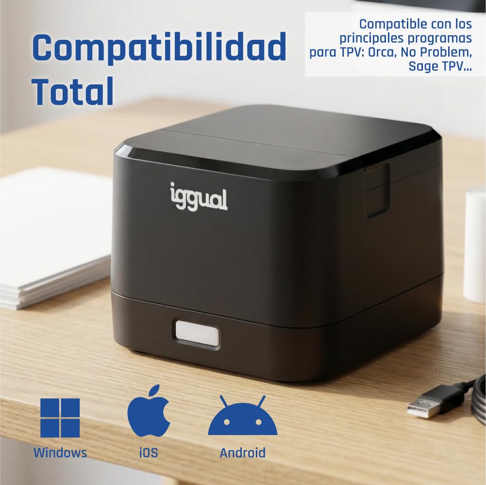 iggual Tickets TP Easy 58 Thermodrucker, USB + RJ11, 58 mm, Geschwindigkeit 90 mm/s, 203 x 203 DPI, Windows 11/10/8/7/Vista/XP/2000/JPOS/Linux, SDK Android, iOS, Windows (139 x 122 x 93)