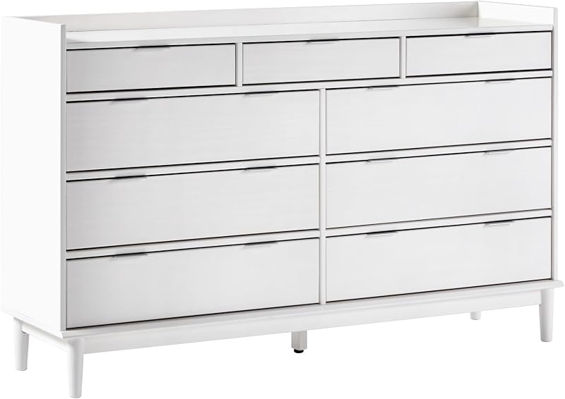 Walker Edison Blythe Mid-Century Modern Tray-Top Solid Wood 9-Drawer Dresser, 60 Inch, White