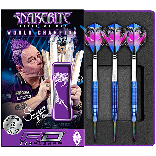 Red Dragon Peter Wright Snakebite Blue PL15: 22g - Tungsten Darts Set with Flights and Stems