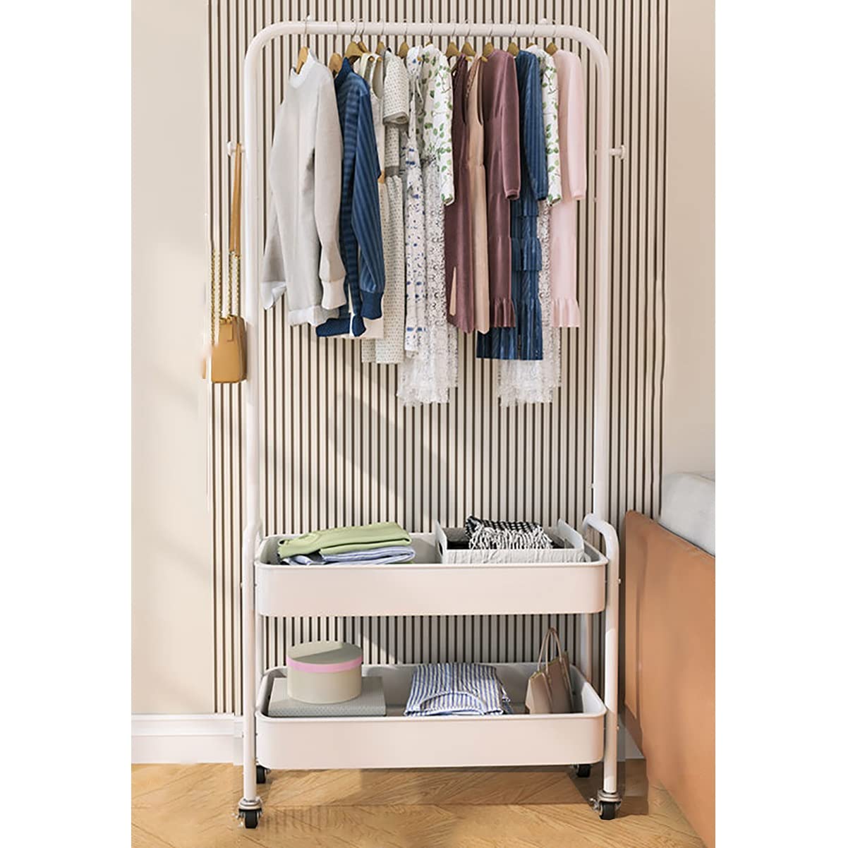 XDLEDMKIZ Stylish 360° Rolling Metal Coat Rack with Basket - Freestanding Clothes Stand for Coats, Shirts, and Skirts - Beige with Shelf for Entryway nization
