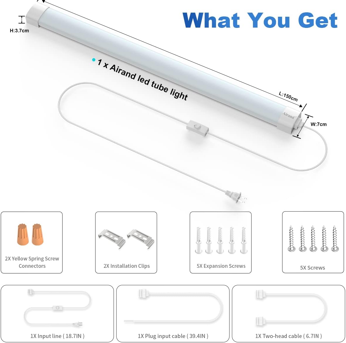 Led Garage Light 5FT Shop Lighting Fixture with Plug in Cord,Waterproof LED Lights 5000K Under Cabinet Lighting Tube Lights 45W for Kitchen Bathroom Workbench
