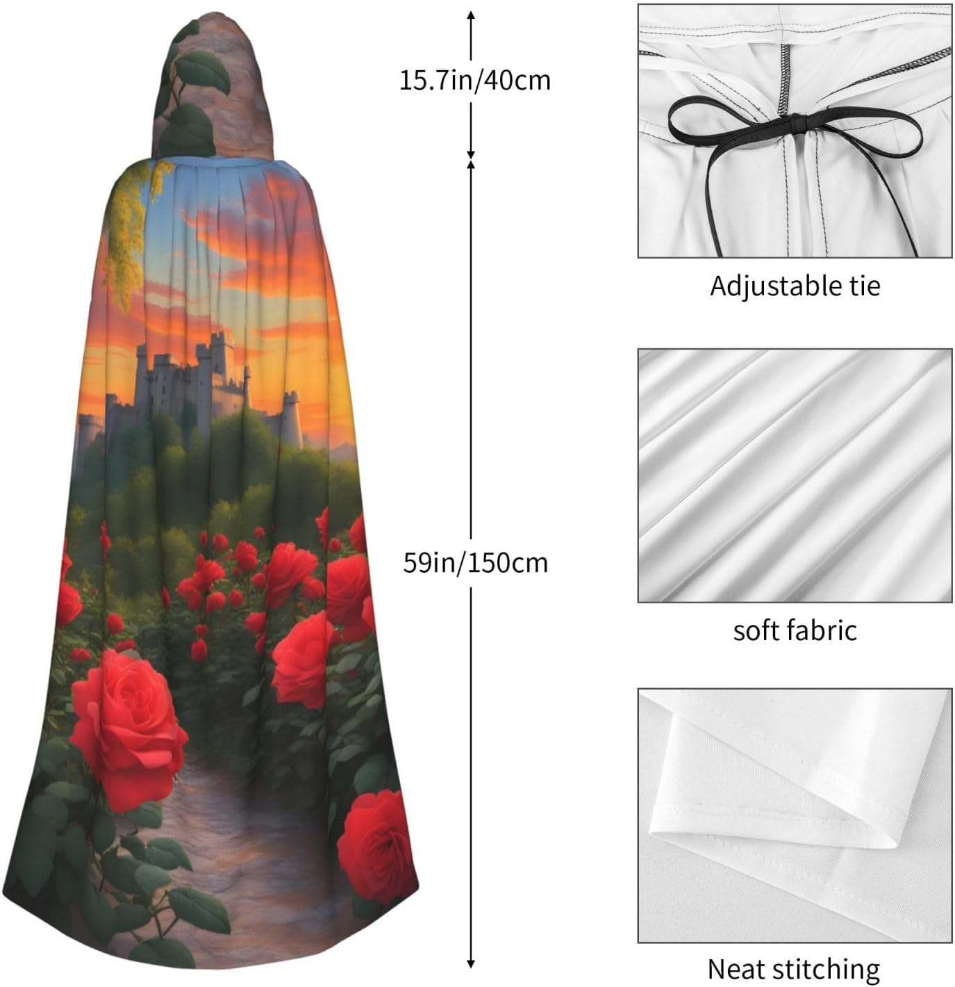 Unisex Full Length Hooded Halloween Christmas Party Robe Cloak Cape Cosplay Costume Men Women A Beautiful Castle Prints Black