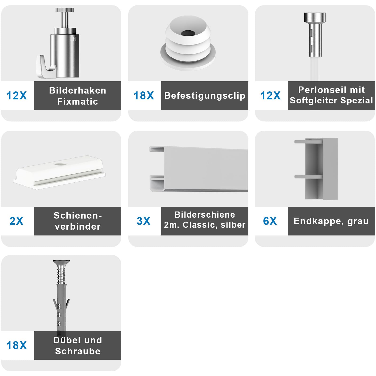 Bilderschiene Galerieschiene Premium Pro Komplett-Set 6m, silber