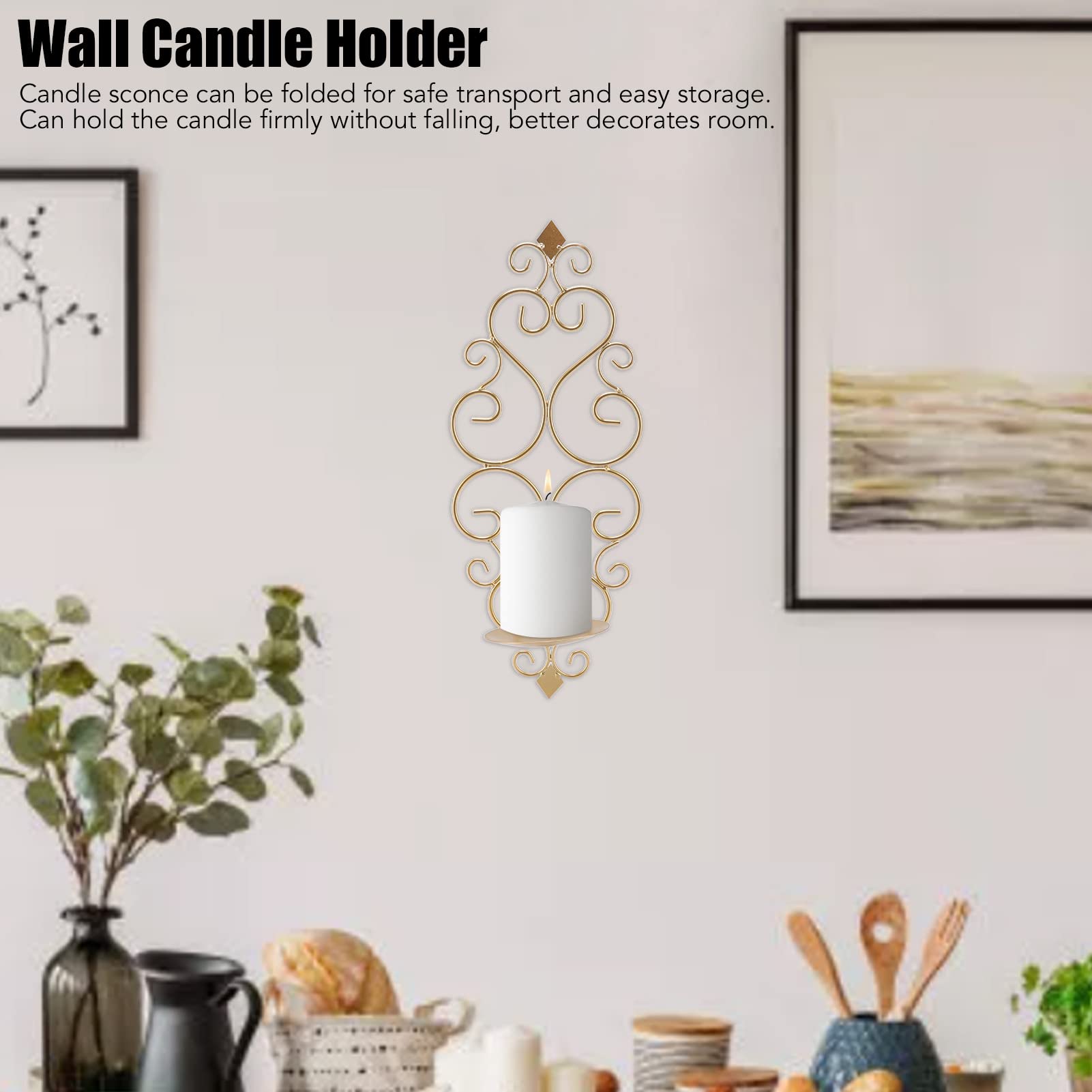 BEIJIALY Wall Sconce Candle Holder, Wall Hanging Sconce Wall Mounted Candle Stand Decorative Candle Sconces Iron Candlestick Folding Wall Mount Base Sconce Home Decoration(Metal Gold)