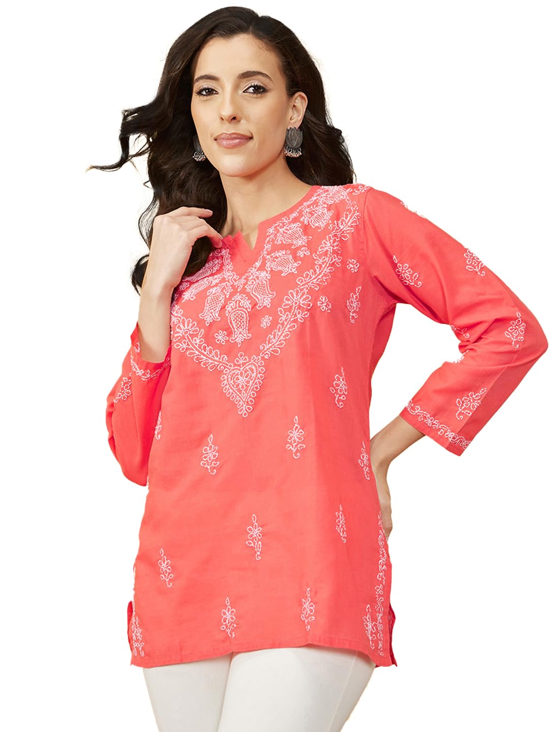 Hand Embroidery Chikan Work Cotton Short Kurti Top for Women Regular Fit A534793-image-4