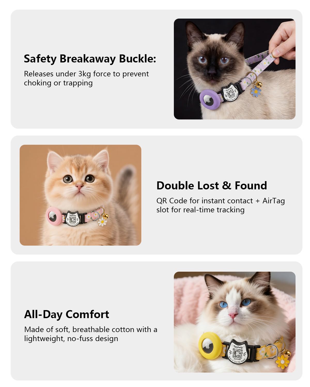 Smart Breakaway Katzenhalsband mit QR-Code, integrierter AirTag-Halter, verstellbares Baumwoll-Katzenhalsband mit Glocke für Kätzchen und erwachsene Katzen, ländlicher Stil mit Airtag-Halter (lila)