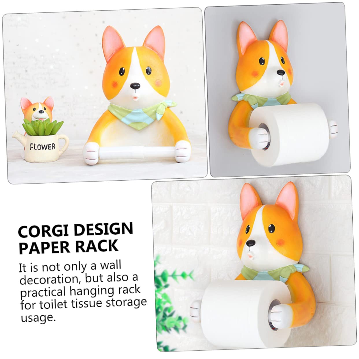 Portarrollos de Papel Higiénico Colgante Forma de Corgi de Resina | 1, Diseño de Perro, Almacenamiento de Pañuelos, Decoración Mural, Estilo Compacto