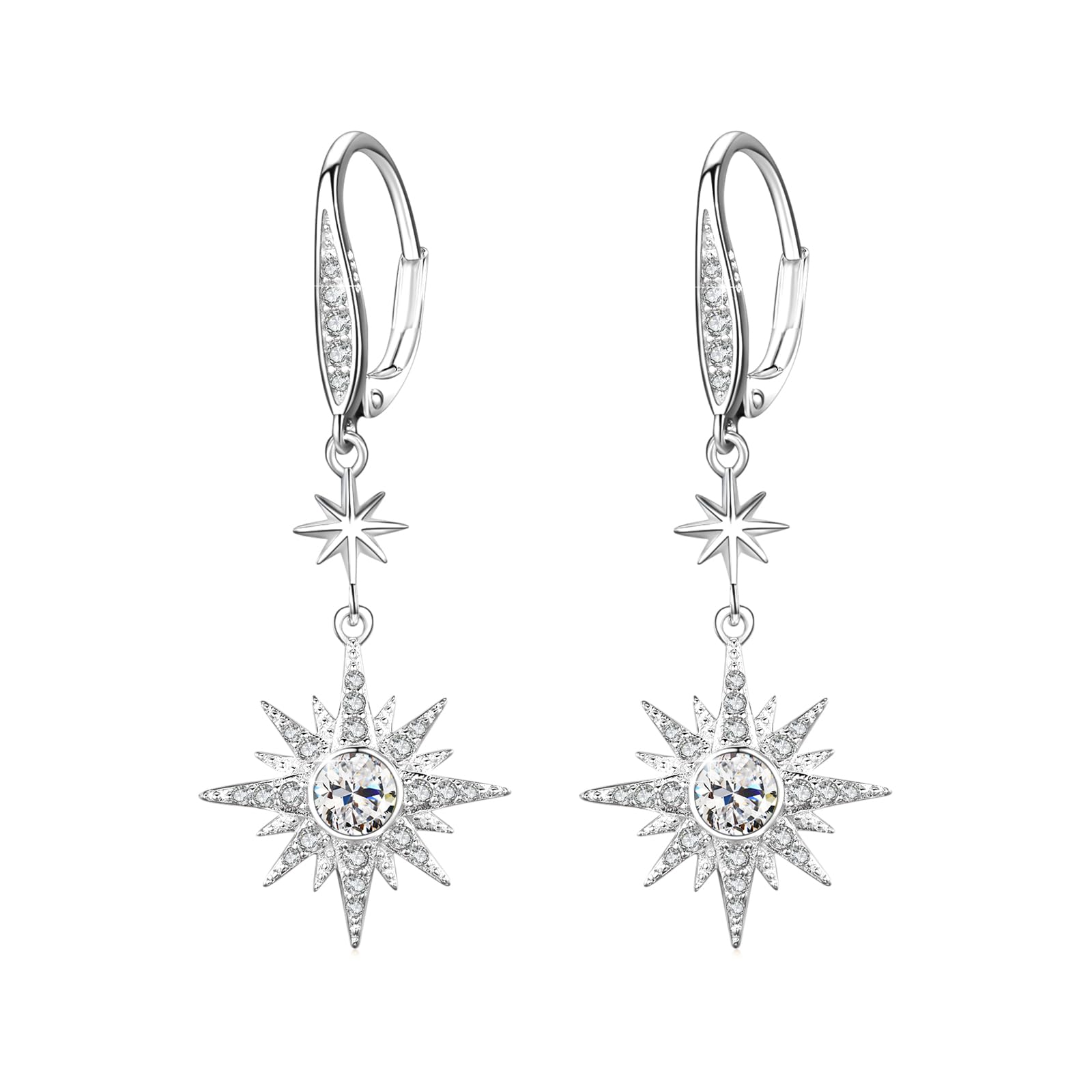 REDSUN Mondstein Ohrringe 925 Sterling Silber Achtzackiger Stern Sonne/MoonHänge Ohrringe Regenbogen Mondstein Schmuck für Mädchen Mutter Tochter Damen Freundin Geschenk