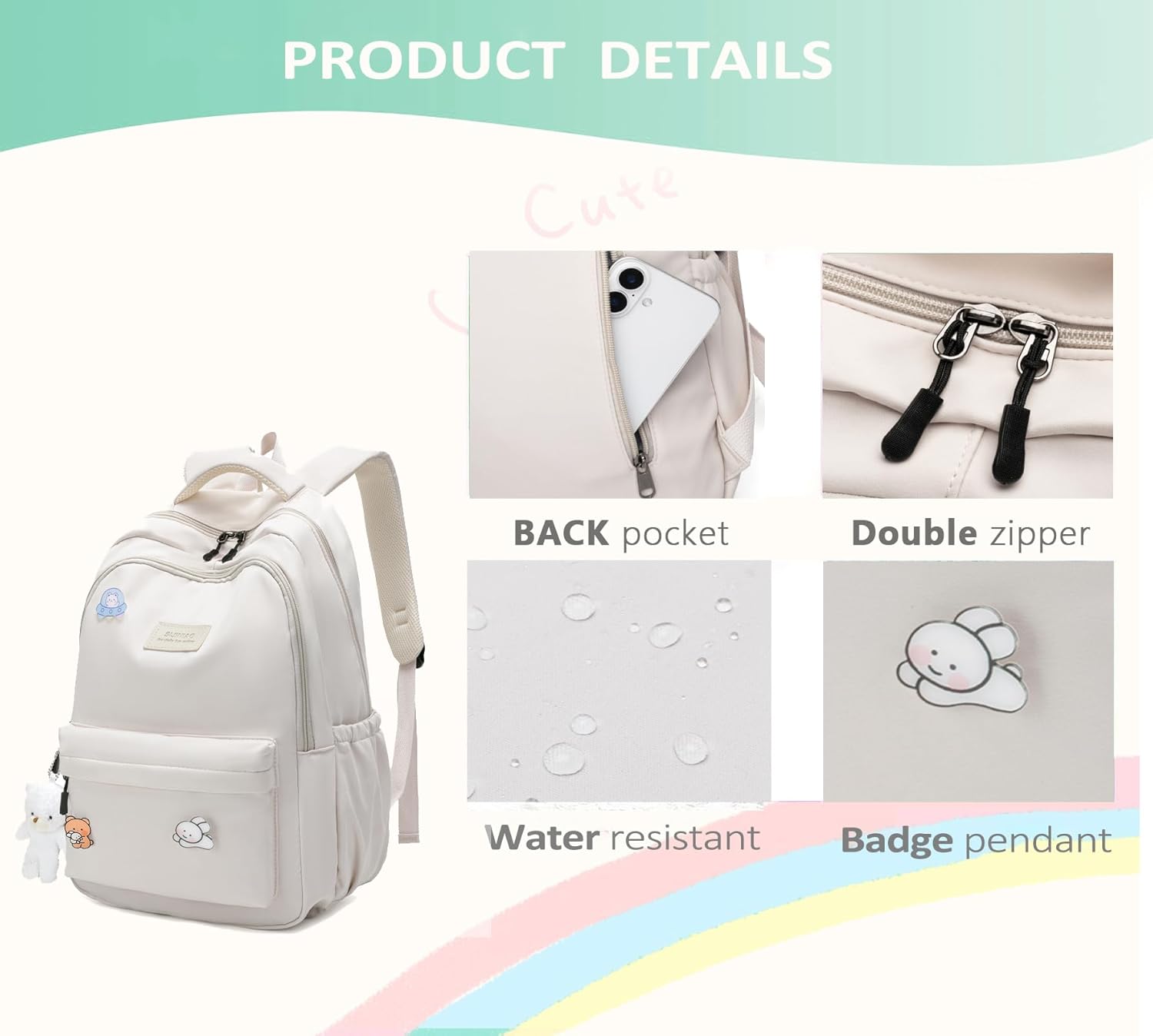 School Backpack for Teen Girls Cute Bookbag for High Middle School College Aesthetic Laptop Back Pack,Beige - Image 5