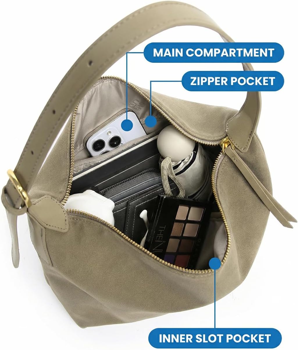 Medium Suede Hobo Bags for Women 10.6 Inch, Matte Faux Leather Shoulder Bag with Adjustable Strap, Slouchy Crossbody Purse - Image 5