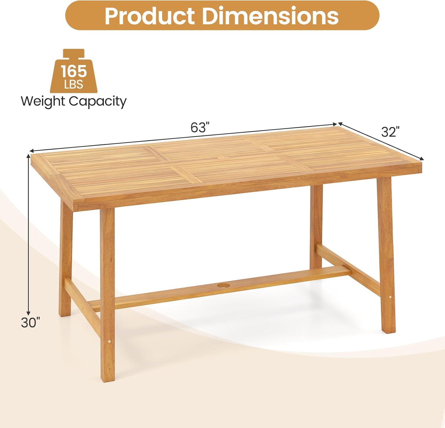 Tangkula 63-Inch Acacia Wood Patio Dining Table for 6, Heavy-Duty Indoor Outdoor Rectangular Table with 1.97" Umbrella Hole, Large Farmhouse Outside Dining Table for for Backyard, Garden, Porch, Deck