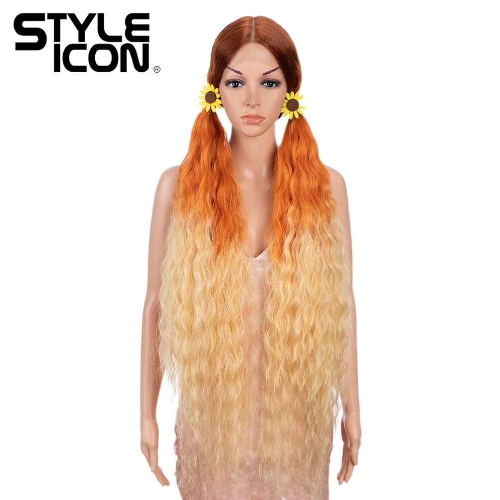 Style Icon 41" Ombre Orange Yellow Lace Front Wigs Long Wavy Synthetic Wigs with Baby Hair Half Hand Tied 130% Density Wigs (41", GT 130E/OR4/YEW6)