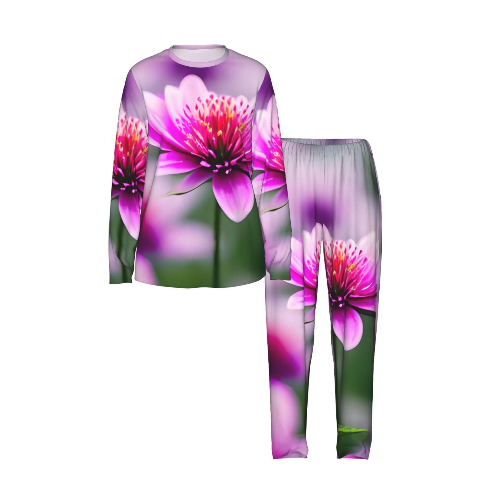 Rosa Fiore Viola Farfalla 1 Stampa Donne Manica Lunga Pigiama Corrispondente Morbido Spiaggia Vacanze Nightwear Regalo Casual