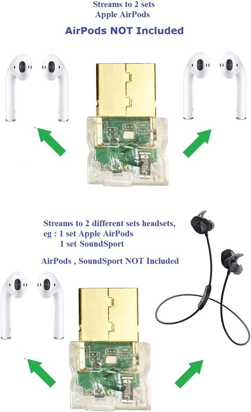 USB_Splitter_Clear (Includes Type C & Micro-USB Adapters): DIGITAL Bluetooth USB Splitter Transmitter for Laptops/PCs/Desktops, Android Smartphones/Tablets/etc. Streams to 2 sets Apple AirPods.