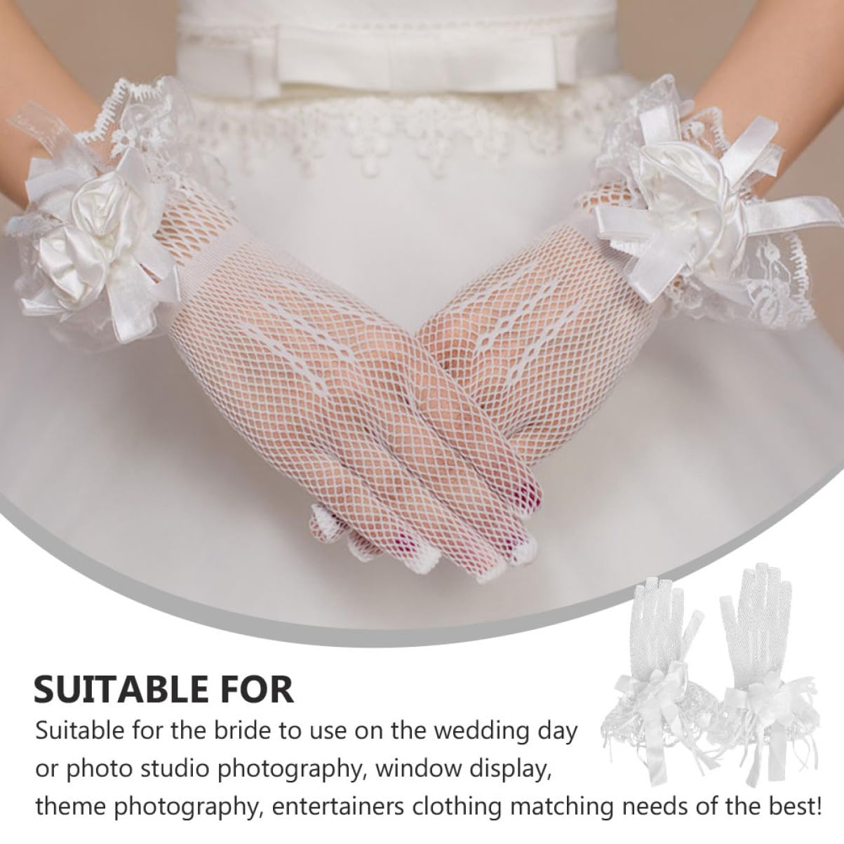FRCOLOR Guantes De Boda Formal Guantes De Encaje De Las Mujeres Novia Guantes De Vestir De Mujer Guantes De Red Nupcial Guantes De Boda Guantes De Raso De Boda Beige Cintas…