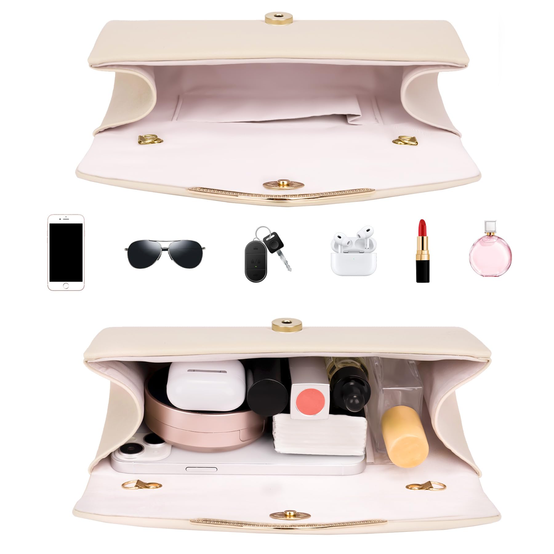 Larcenciel Damen Clutch, Nude Leder Handtaschen mit Kette, Elegant Envelope Abendtasche Mode Crossbody Umschlag Tasche