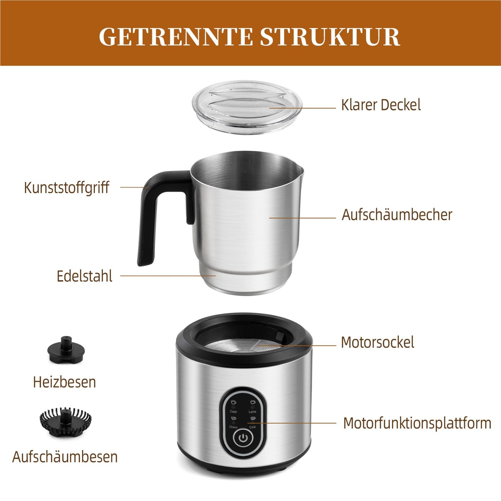 Elektryczny spieniacz do mleka i parowar 4 w 1, elektryczny spieniacz do mleka do kawy 500 ml, automatyczny przyrząd do przygotowywania ciepłej i zimnej piany, spieniacz do mleka Latte, nadaje się do