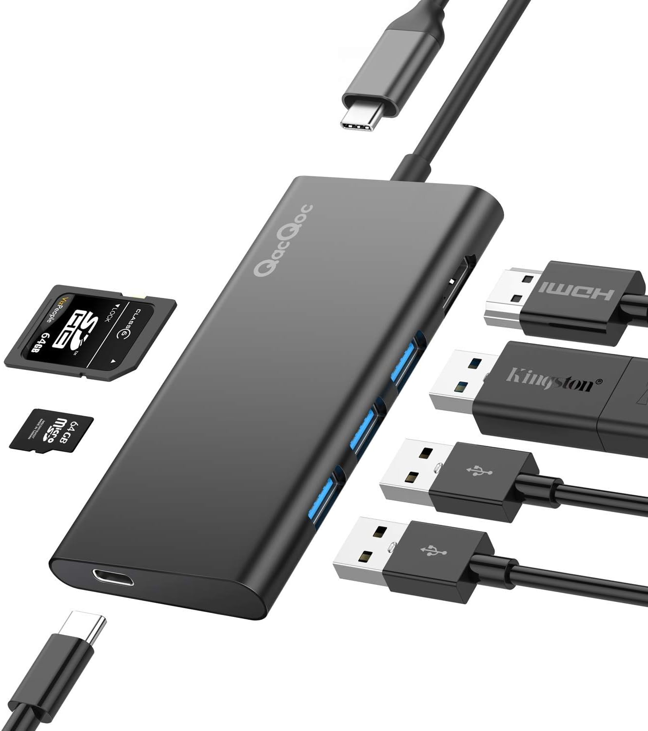USB C Hub,QacQoc 7-in-1 USB-C to HDMI(4K) Adapter with Type C PD Charging,SD Card Reader,3 USB 3.0 Ports for MacBook/Pro and Type c Windows Laptops(Black)