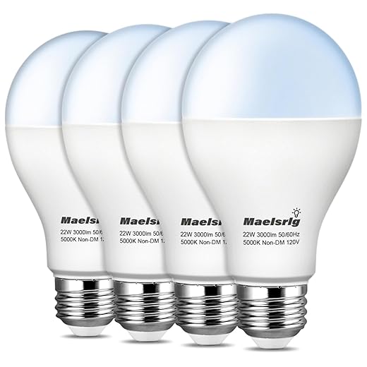 200 Watt LED Bulb Equivalent, A21 22W 3000 Lumen LED Light Bulb, Daylight 5000K, Non-Dimmable E26 Medium Base 120V-High Output 200W LED Light Bulbs for Garage, Shop, Warehouse, 4-Pack