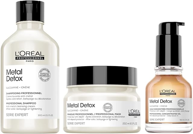 LOréal Professionnel Ultimate Routine for Damaged Hair, Serie Expert Metal Detox Shampoo, Mask with Concentrated Oil, 300 ml, 250 ml and 50 ml, Bundle Set
