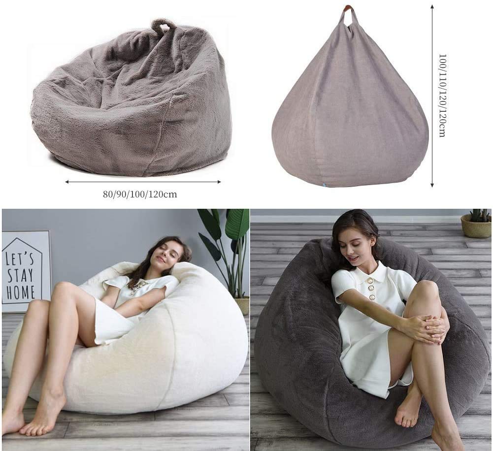 Pouf Classique en Fausse Fourrure Gris, Pouf de Salon Intérieur Extérieur, Sac de Haricots sans Remplissage