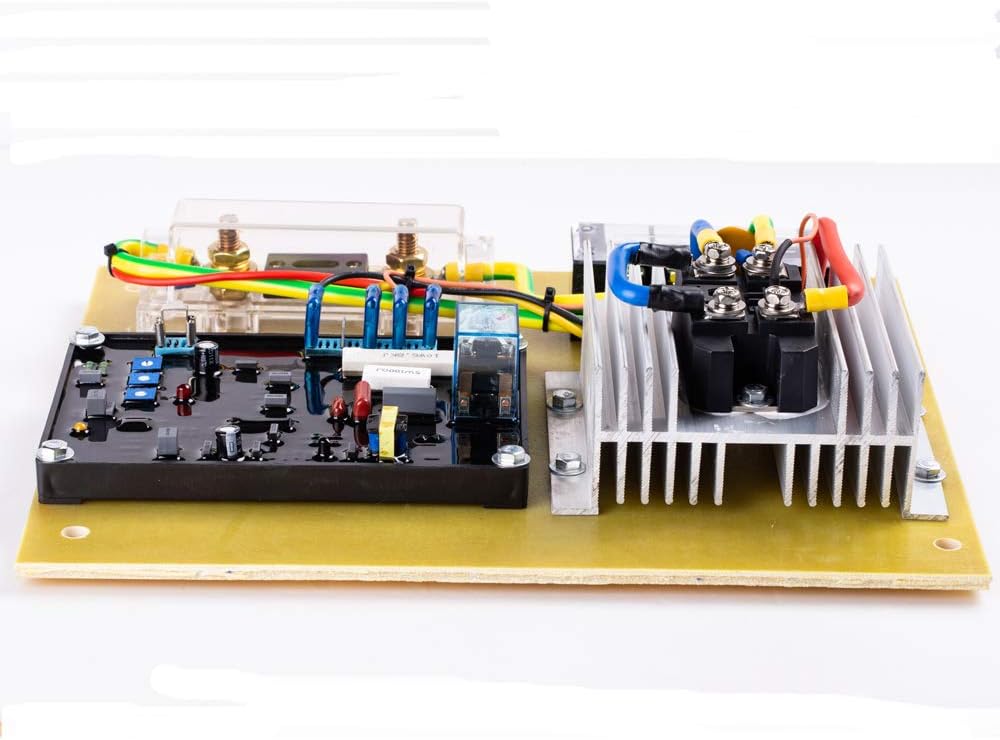 Side view of the Knowtek AVR 100A Automatic Voltage Regulator, highlighting the heatsink for thermal management.