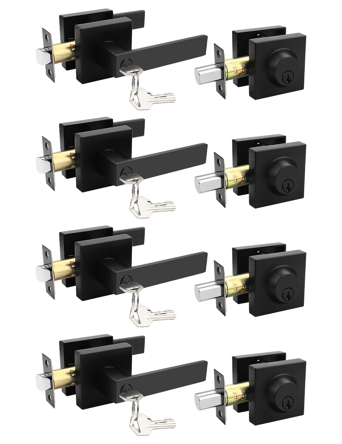 Tinewa 4 Pack Square Keyed Alike Front/Exterior Door Levers with Single Cylinder Deadbolt, Flat Black Entry Door Knob Lock Sets with Deadbolt Combination Sets, for Entrance/Front and Office Doors