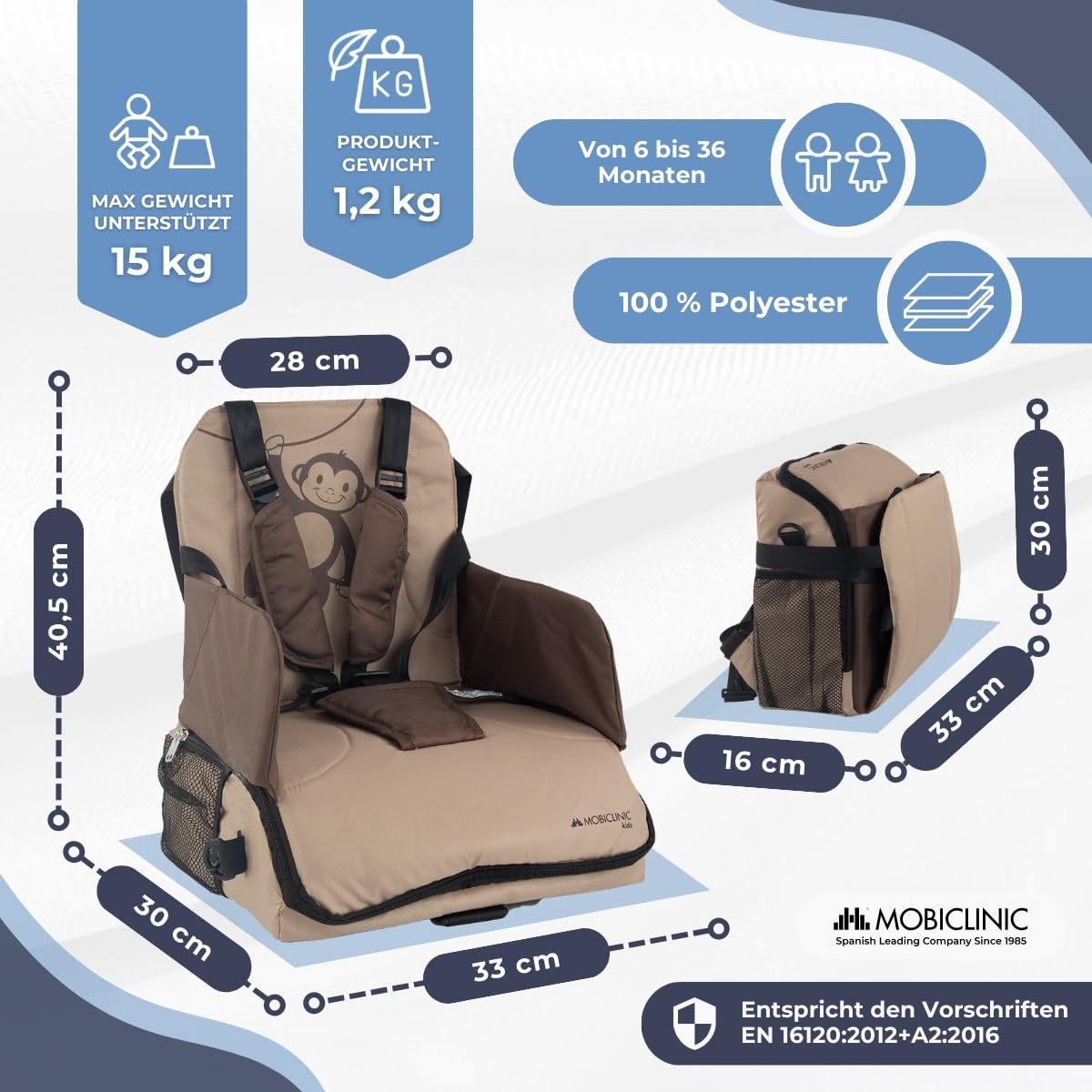 Mobiclinic® kids, Tragbarer hochstuhl, Monkey, Reisehochstuhl, 6 bis 36 monate, 15kg, Faltbar, Verstellbarer 5-punkt-gurt, Mit aufbewahrung, Baby, Babysitz, Farbe beige