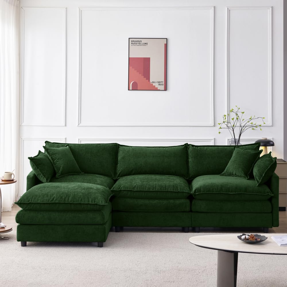 I0I&I0I Modulares Ecksofa 3 Sitzer Chaiselongue Hocker Chenille L Sofa Bequem Für Wohnzimmer Kleine Wohnungen Lounge (Green + Chenille + 3 Seat)