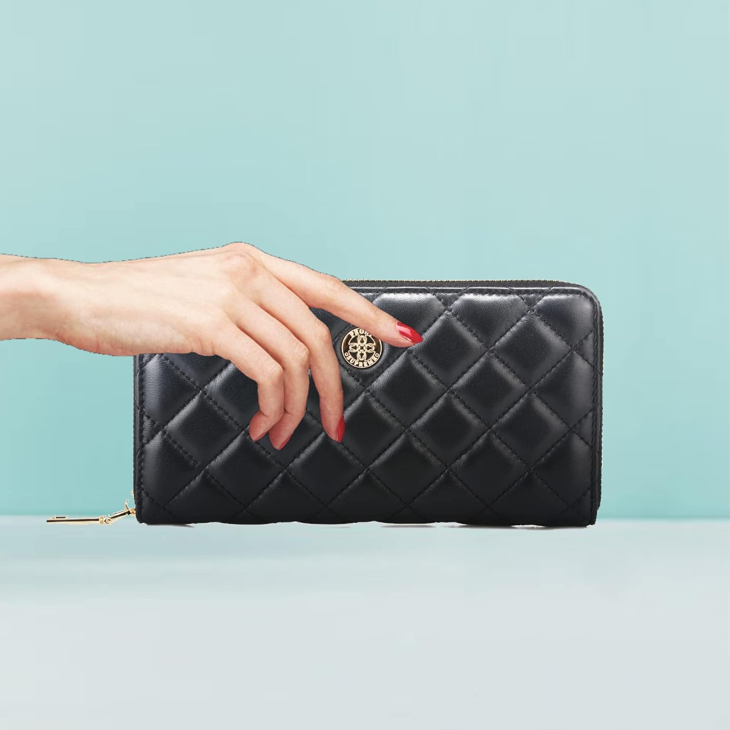 Luxury Black Quilted Leather Long Zipper Wallet Clutch Credit Card Holder Zip Around Wallet Coin Purse Business Card Holder Gift for Women Gift for Girl - Image 8