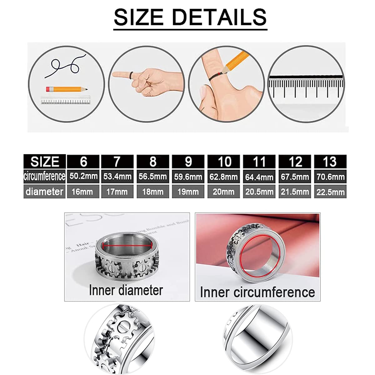 Anneau Spinner pour Le soulagement de l'anxiété des Hommes, Anneau de Rotation d'engrenage mécanique, Anneaux Fidget en Acier Inoxydable pour Adolescents anxieux avec boîte-Cadeau