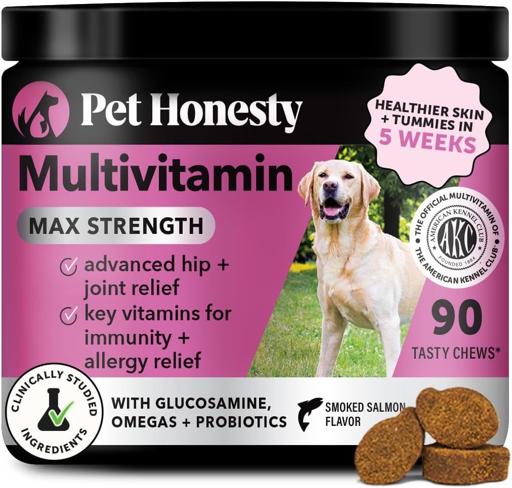 Dog Multivitamin Max Strength, 15-in-1 Multivitamin for Dogs – Dog Vitamins & Supplements with Glucosamine, Probiotics & Omega 3s – Supports Joint, Heart, Immune, Skin & Coat Health – Chicken (90 Ct)